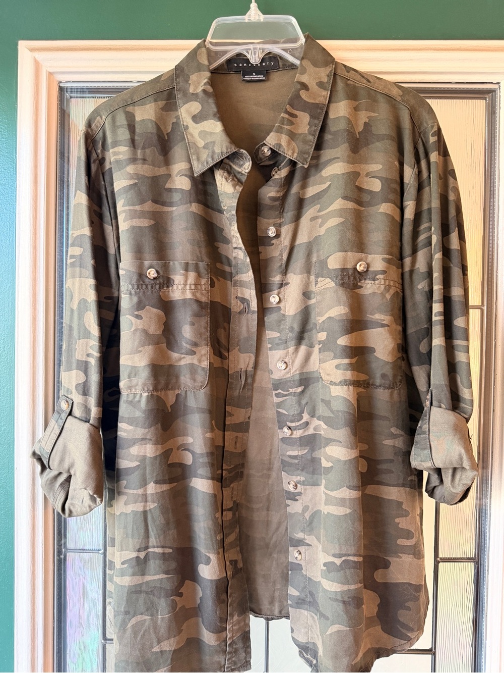 Sanctuary Olive and Khaki Camo Button-Down Shirt